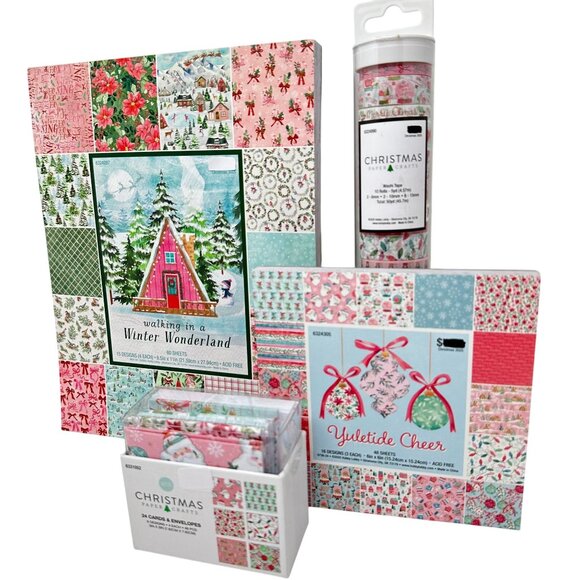 Christmas Paper Crafts Set Pink Holiday Scrapbook Holiday Packs Cards Washi Tape - Picture 3 of 9